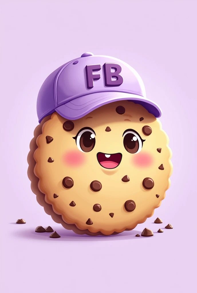 cookie type illustration non-realistic drawing that is happy, that has chocolate chips, that had a light purple cap and that said FB in capital letters and that the background was light purple