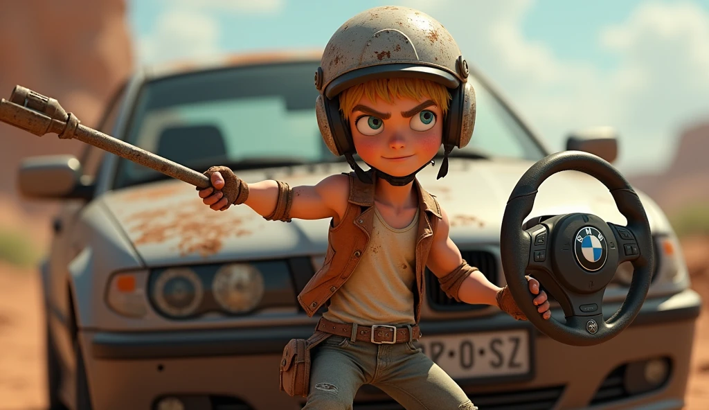 Im Stil von Pixar 3D-Animations-Filmen. untrained blond young man wearing dirty undershirt, Racing helmet on the head, an exhaust like a lance in one hand and a BMW steering wheel like a shield in the other. He stands in front of a rusty silver BMW E46 Compact. His face is angry.
