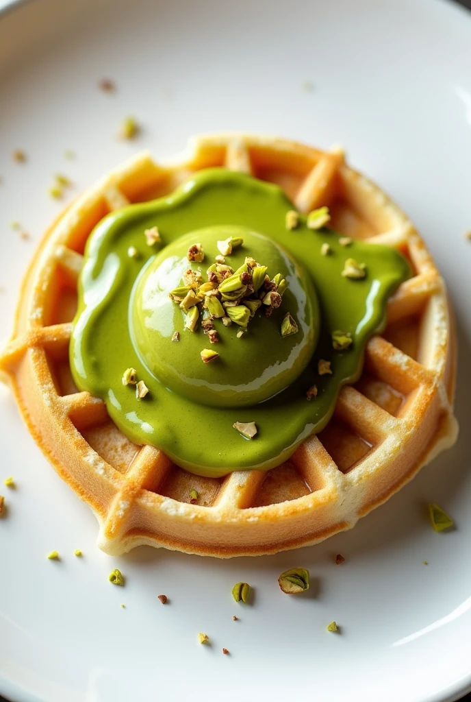 Round waffle with pistachio sauce 
