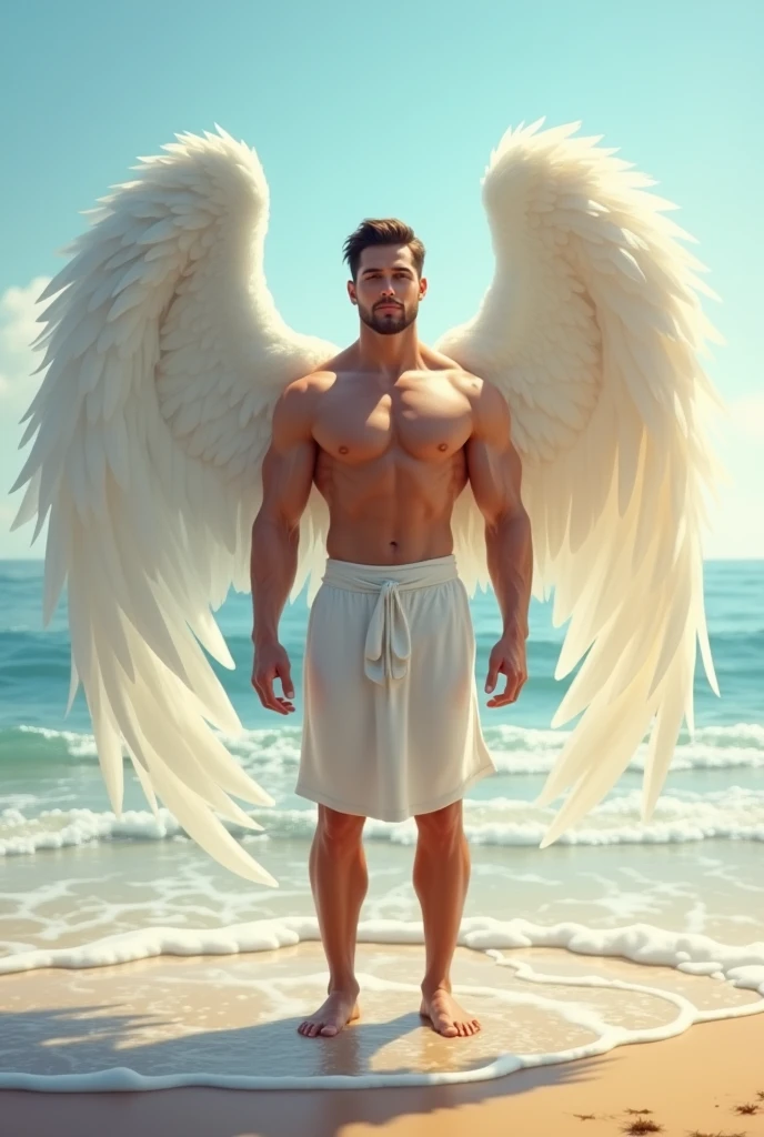 Muscular young Caucasian man　An angel with big white wings　Standing on the shore