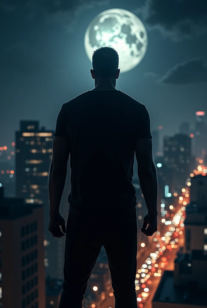 Angry man in the dark with the moon shining behind him looking from the roof of a very brightly lit city