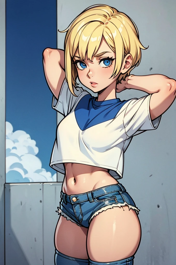 Blonde girl with short hair, blue eyes, angle from bottom to top, girl wearing short denim shorts, wearing a blue cropped top with white details, thick thighs 