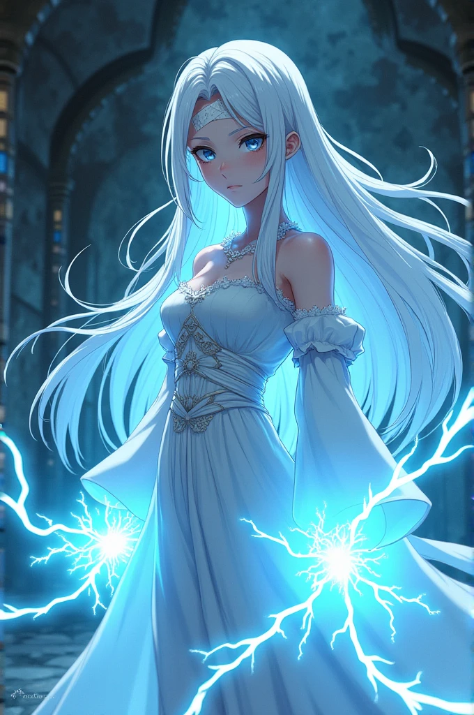 Create a girl with long white hair, with white medieval clothing and a bandage on the forehead, His body is surrounded by cyan blue electrical energy ANIME VERSION in an underground city.