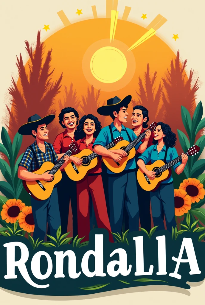 Create me a logo that says RONDALLA ORGULLO HUSTECO, with many people playing guitar