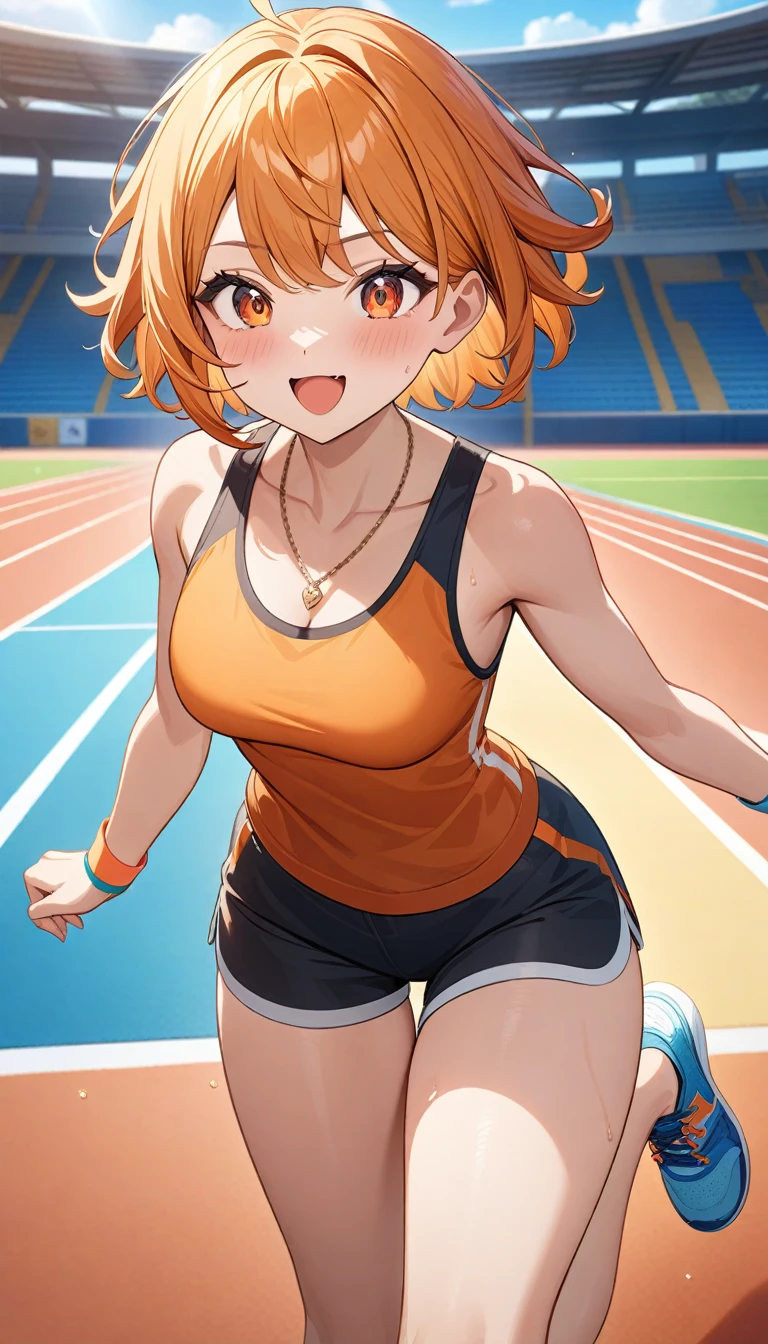 masterpiece, best quality, very aesthetic, newest, recent,game CG, highest resolution, official illustration, three-dimensional coloring, detailed coloring, detailed description,
(1girl:1.2), (cute:1.2),
young girl,
red short hair, orange eyes, lively and energetic expression, muscular and healthy body, tank top, shorts, wristbands, necklace, sneakers, school ground with track and stands, sunny natural light, vibrant and sporty color scheme, anime-style, energetic and fun atmosphere