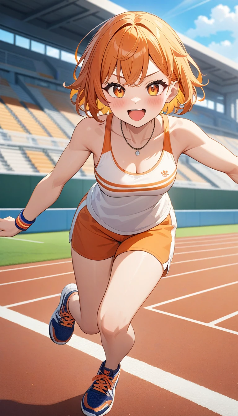 masterpiece, best quality, very aesthetic, newest, recent,game CG, highest resolution, official illustration, three-dimensional coloring, detailed coloring, detailed description,

(1girl:1.2), (cute:1.2),
young girl,

red short hair, orange eyes, lively and energetic expression, muscular and healthy body, tank top, shorts, wristbands, necklace, sneakers, school ground with track and stands, sunny natural light, vibrant and sporty color scheme, anime-style, energetic and fun atmosphere