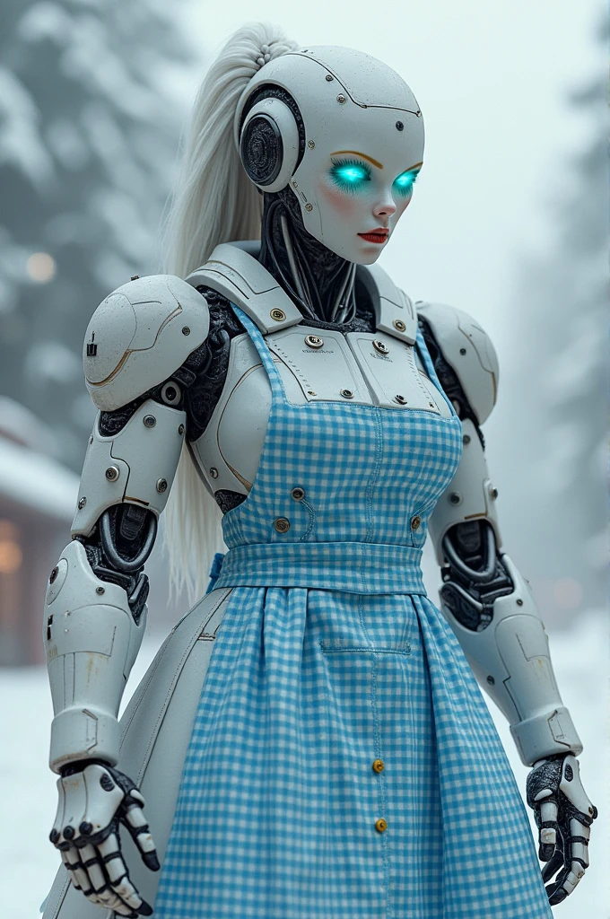 A hudge, strong, badass and sexy medicine girl robot with a blue gingham apron
Snowy background 