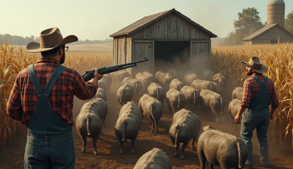 Thousands of wild boars trapped inside a pigsty in the middle of a cornfield with farmers armed with shotguns wearing typical country clothes and hats on their heads in Panic wanting to escape over the top 