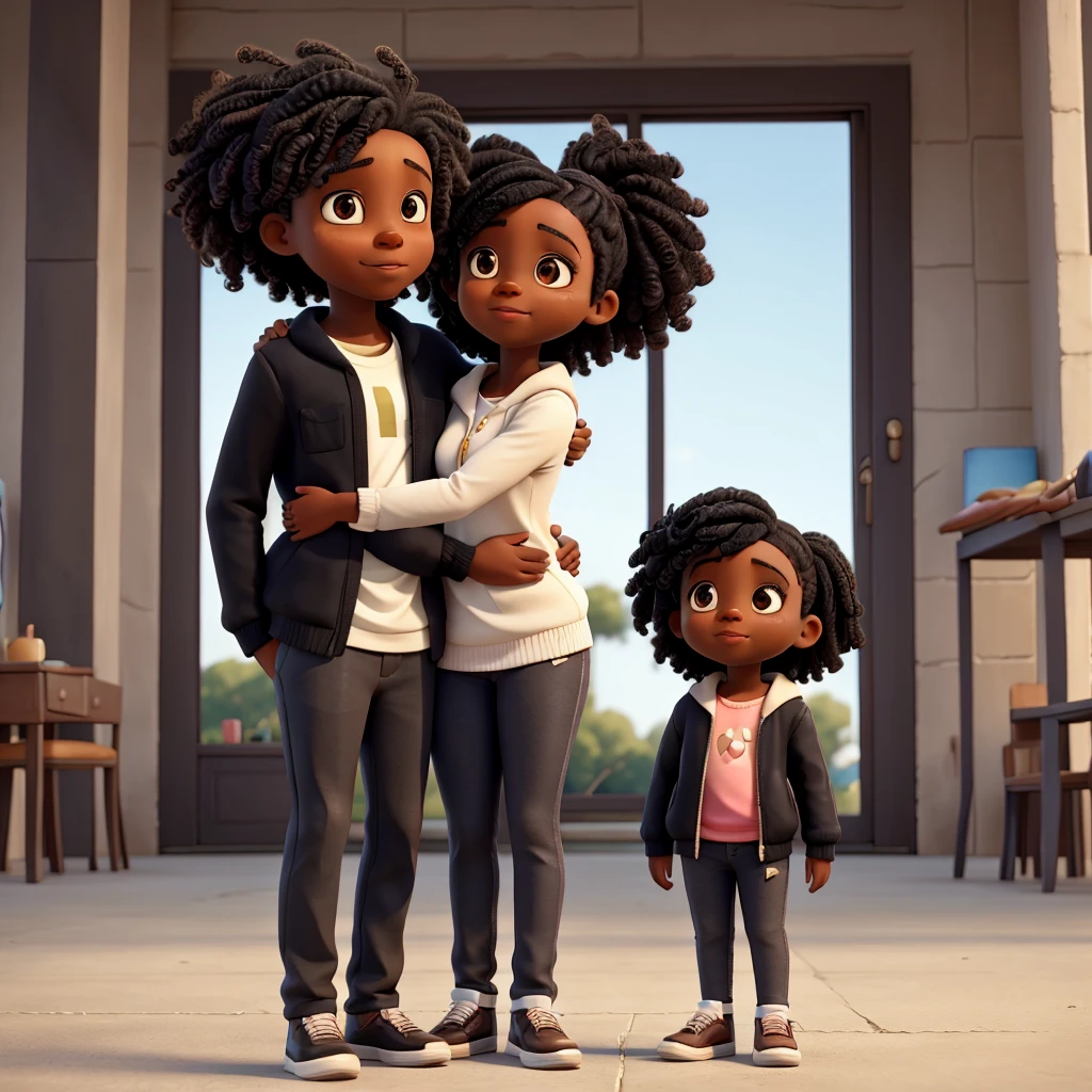  2 year old black girl with a black man and a black woman hugging 


