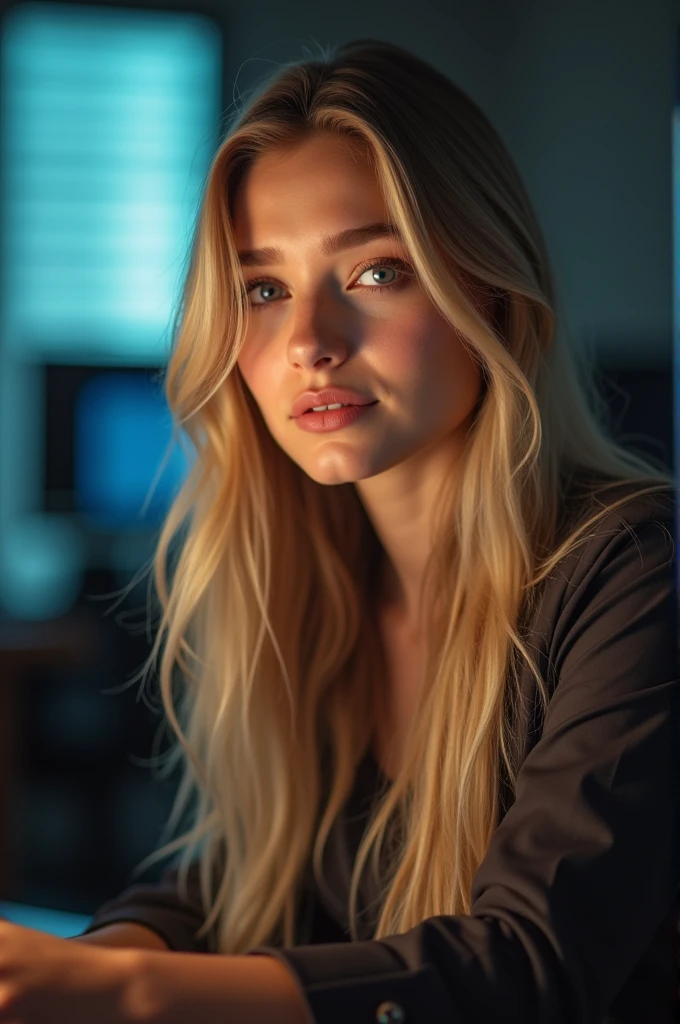 a beautiful girl with long blonde hair, detailed eyes, nose, and lips, wearing professional outfit, siting in her office, using her computer, hp comuter (best quality,4k,8k,highres,masterpiece:1.2),ultra-detailed,(realistic,photorealistic,photo-realistic:1.37),HDR,studio lighting,extremely detailed face and body, portrait,cinematic lighting,dramatic lighting,warm color tones,dramatic colors,