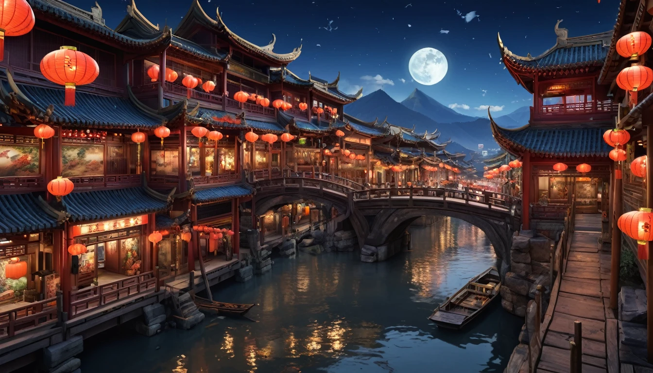 masterpiece, top-quality, depth of fields, high details, 8K, anime a night scene of china town, lots of shop outlets, chinese lanterns, detailed background, high angle view, beside a river, wooden boats, a large bridge on the front, moon, mountains background