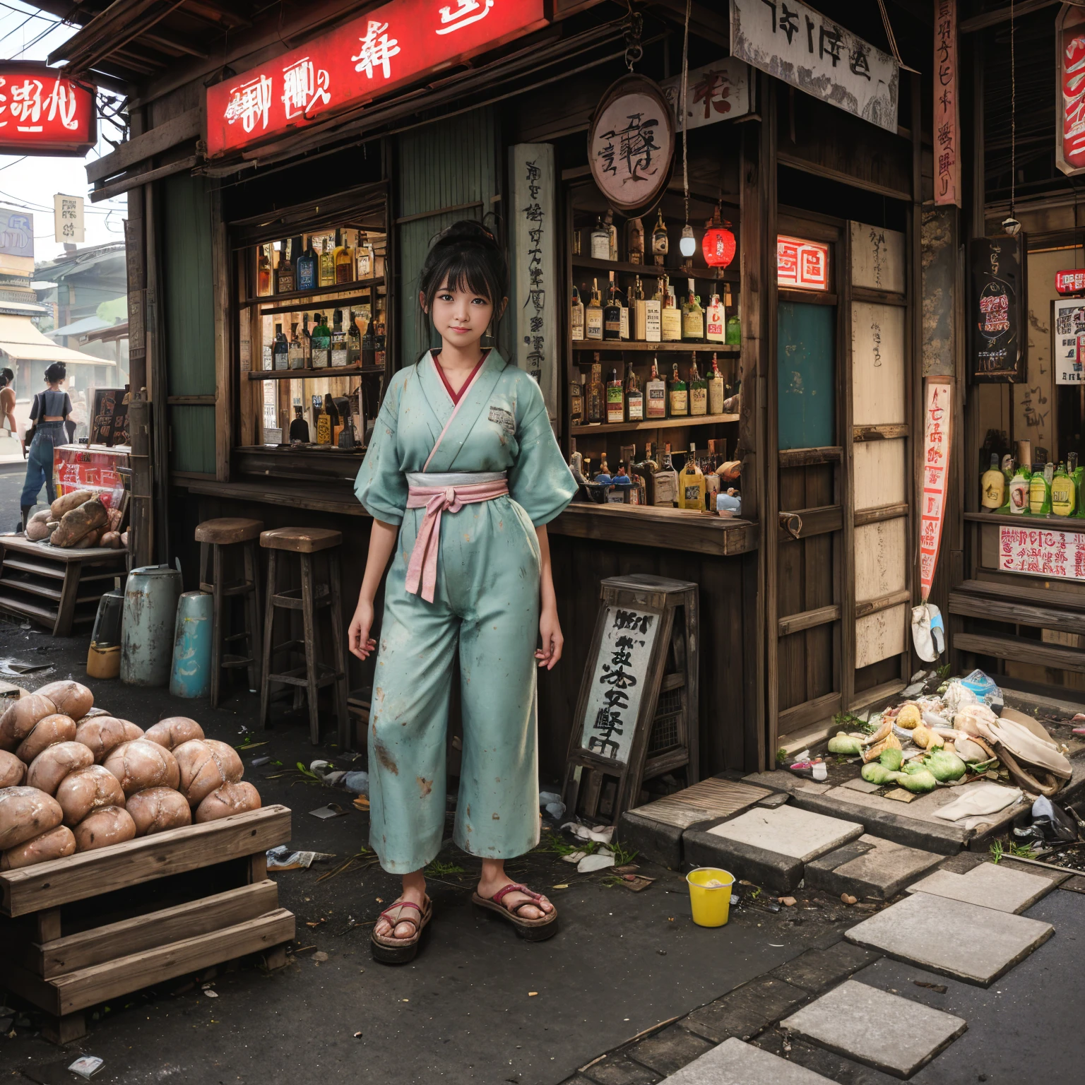 ((masterpiece、Highest quality))、Beautiful girls gather.、Three girls in summer clothes、(Showa Retro:1.2)、(Detailed and cute face:1.3)、(Poor conditions、Japan's poor neighborhoods、Dim and unsanitary、Standing Bar、みんなで楽しくdiet、Crumbling underground shopping mall:1.3)、屋台のdiet店、stage、sewage、Dirty shop、street vendors、Unsanitary and abandoned city、smile、diet、Poor person々