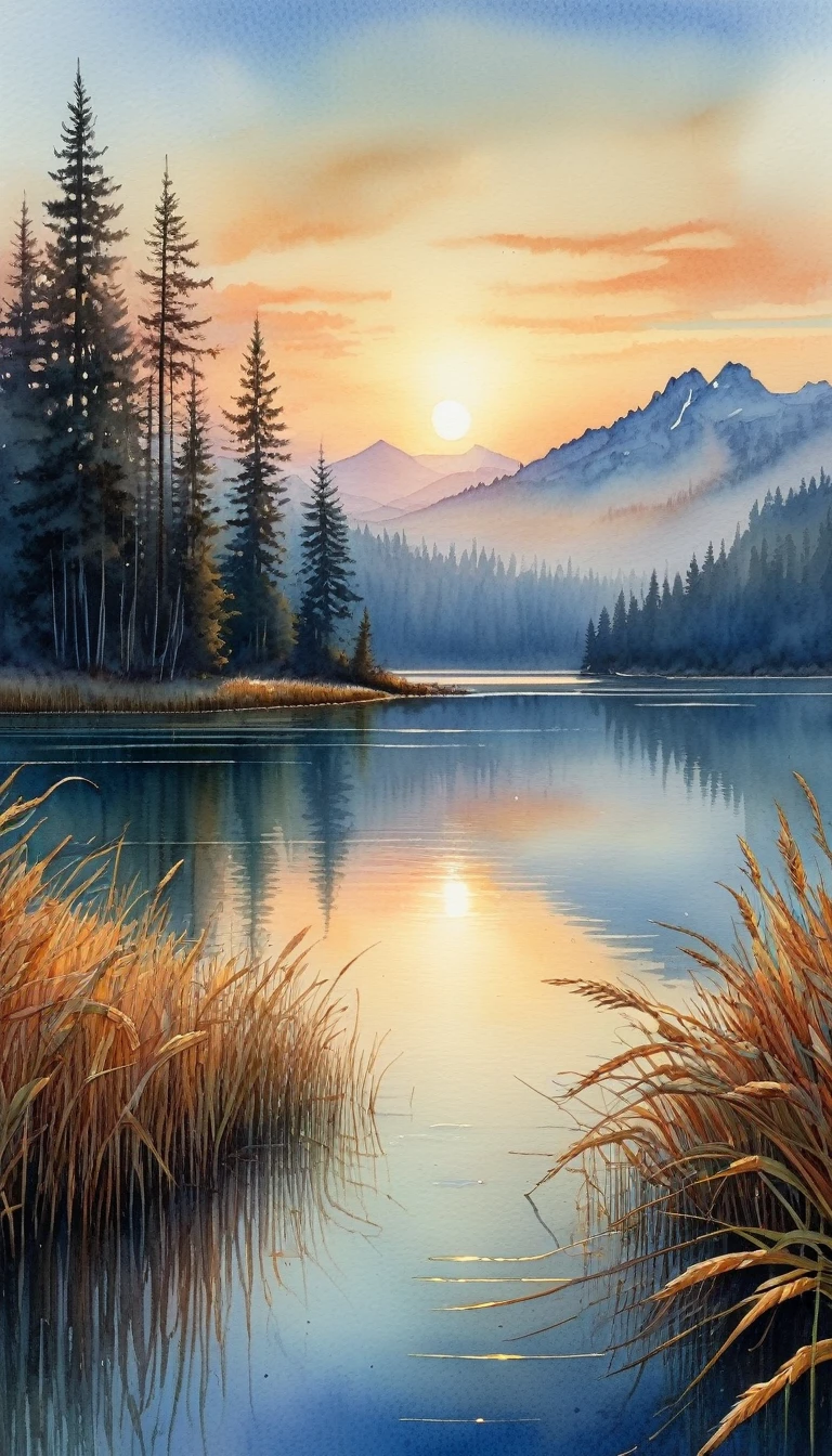 Stunning A watercolor and ink sketch of a serene lake landscape at sunset. The scene is calm and detailed, with tall grasses and reeds in the foreground, perfectly reflected in the calm water of the lake. Beyond the lake, Dense forests of evergreen trees rise against the backdrop of a stratified mountain range. The sky is a masterpiece of watercolor art, with soft orange gradients, yellow, and pale blue representing the sunset and its reflection in the clouds and water. The style is a mix of detailed graphic drawing and watercolor with ink and wash, giving depth and texture to the landscape. The overall composition is peaceful and harmonious., Capturing the quiet beauty of nature, with each element â€“ from blades of grass to distant mountains â€“ carefully outlined and shaded, all within a 16:9 aspect ratio. . awarded, professional, Very detailed 