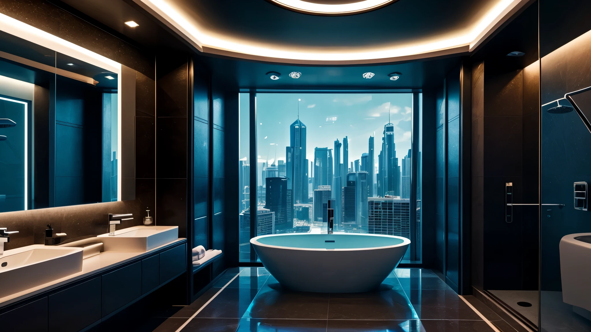 luxury bathroom, architectual, scifi, cyberpunk, futuristic, hightech, daylight, wide angle, realistic view, ambient light, chilled ambient, year 2124, cinematic