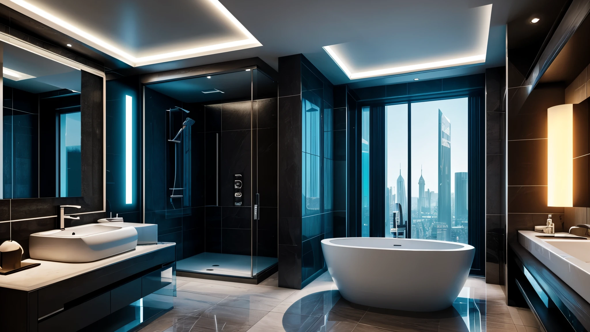 luxury bathroom, architectual, scifi, cyberpunk, futuristic, hightech, daylight, wide angle, realistic view, ambient light, chilled ambient, year 2124, cinematic