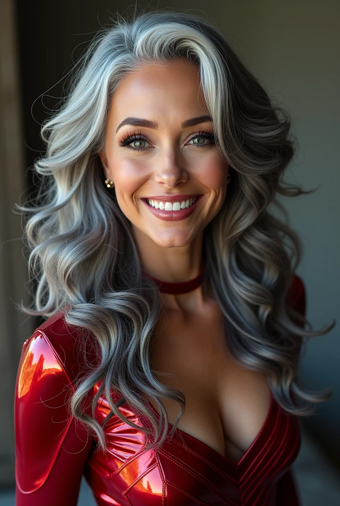 A beautiful youthful looking American version of Ariana Grande as a 50 years old woman with long her completely gray hair in a big curls styles as a retired superhero wearing her costume suit witch looks like a comic superhero suit again for a photoshoot she is smiling for the camera