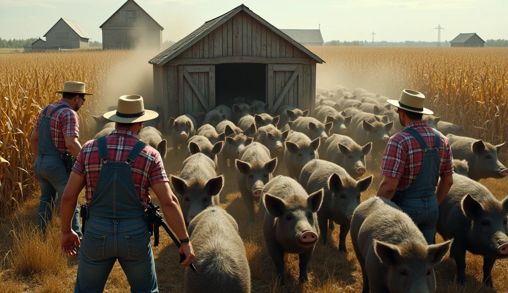 Thousands of wild boars trapped inside a pigsty in the middle of a cornfield with farmers armed with shotguns wearing typical country clothes and hats on their heads in Panic wanting to escape over the top