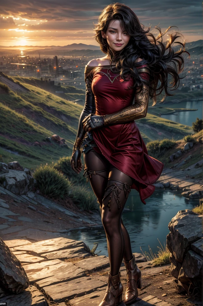 (masterpiece, best quality:1.2), cowboy shot, solo, 1girl, cinder fall, smiling, looking at viewer, long hair, red dress, elbow gloves, pantyhose, standing on hillside, overlooking burning city, (volumetric lighting), sharp focus, hyper detailed