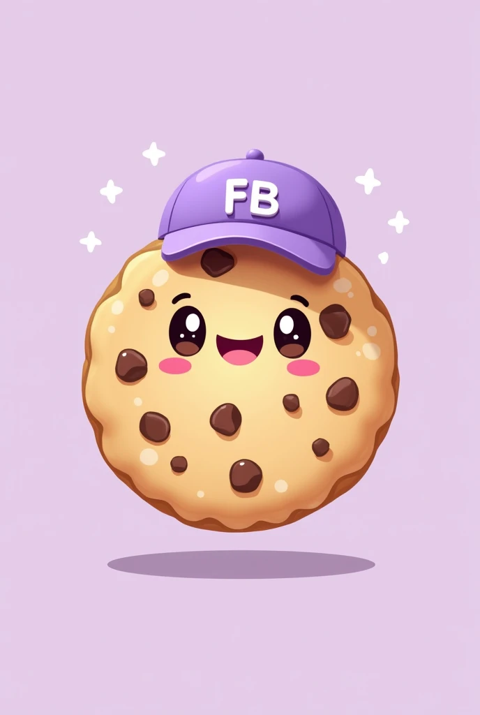 cookie type illustration non-realistic drawing that is happy, that has chocolate chips, that had a light purple cap and that said FB in capital letters and that the background was light purple