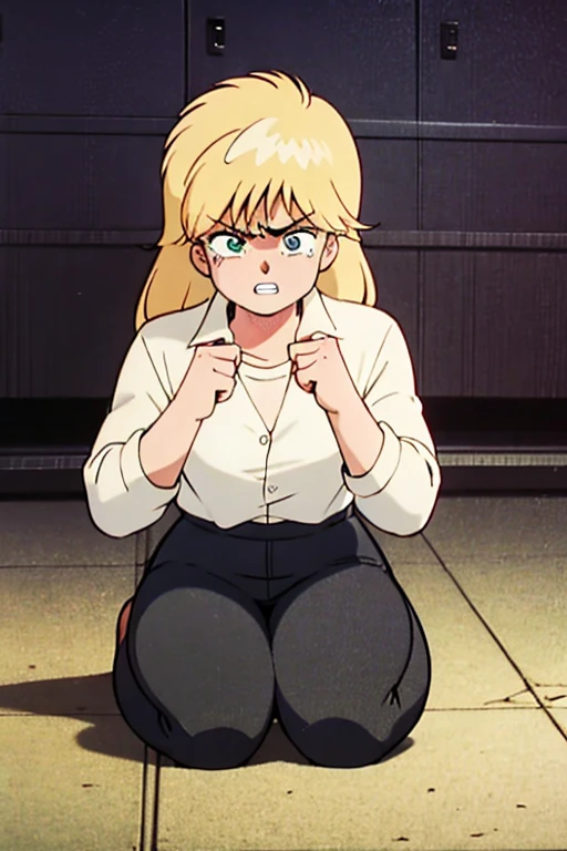 ((Anime Screen Capture:1.3))、Highest quality、masterpiece、((She is alone:1.3))、((1 Girl:1.3))、((She has curly hair:1.5))、((Perm:1.3))、((Her mouth is big、White teeth are visible:1.5))、((Your teeth are so beautiful:1.5))、(((She has her bangs down:1.8)))、(((Her bangs are straight:1.8)))、(((Yellow Hair:1.8)))、((black eye:1.8))、Detailed face、((She is wearing overalls over a white T-shirt:1.5))、((outside))、((Gal))、((Angry))、((Preparing for battle))、((Fighting Stance))、((Fighting Pose))