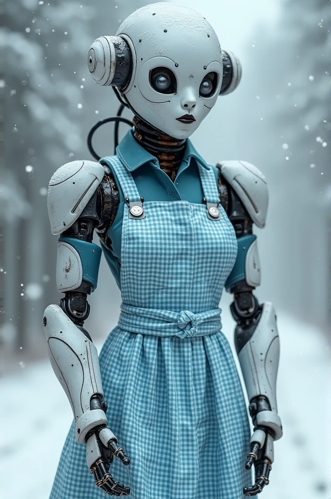 A hudge, big, badass and sexy medicine girl robot with a blue gingham apron
Snowy background