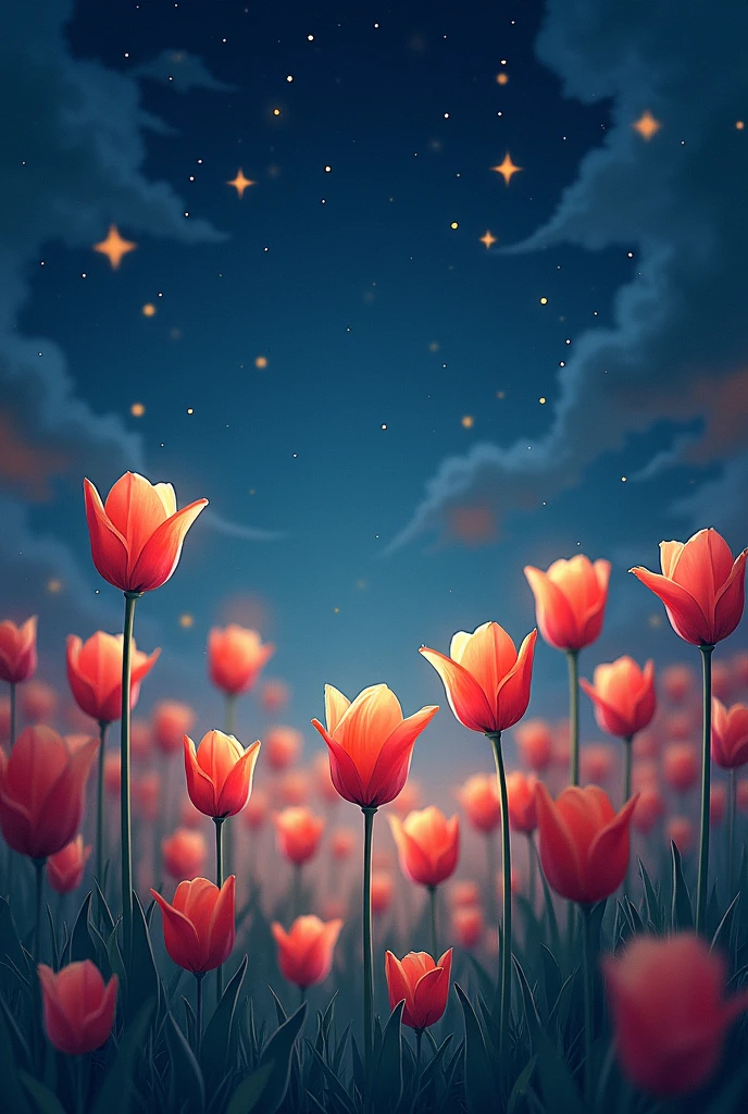 A tulip garden at night under a starry sky, that transmits nostalgia 