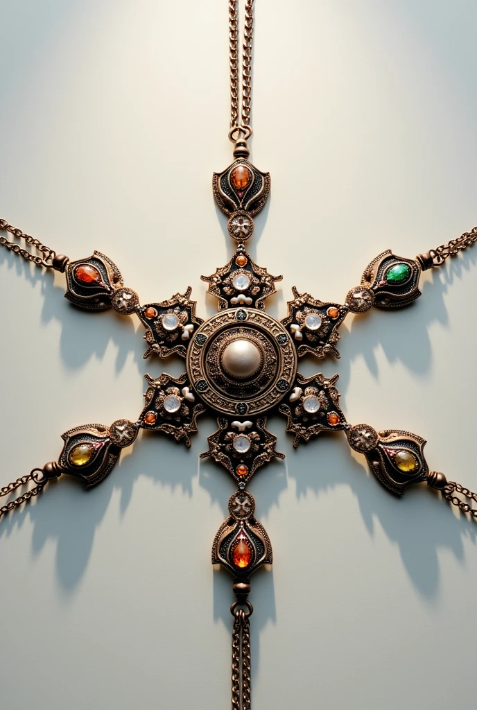 6 necklaces that when joined together form a six-pointed star and a circle in the middle 
