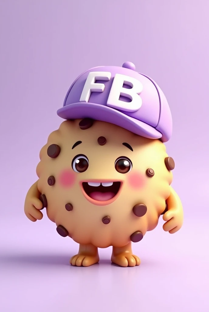 Non-realistic drawing type cookie that is happy, that has chocolate chips, that had a light purple cap and that said FB in capital letters and that the background was light purple
