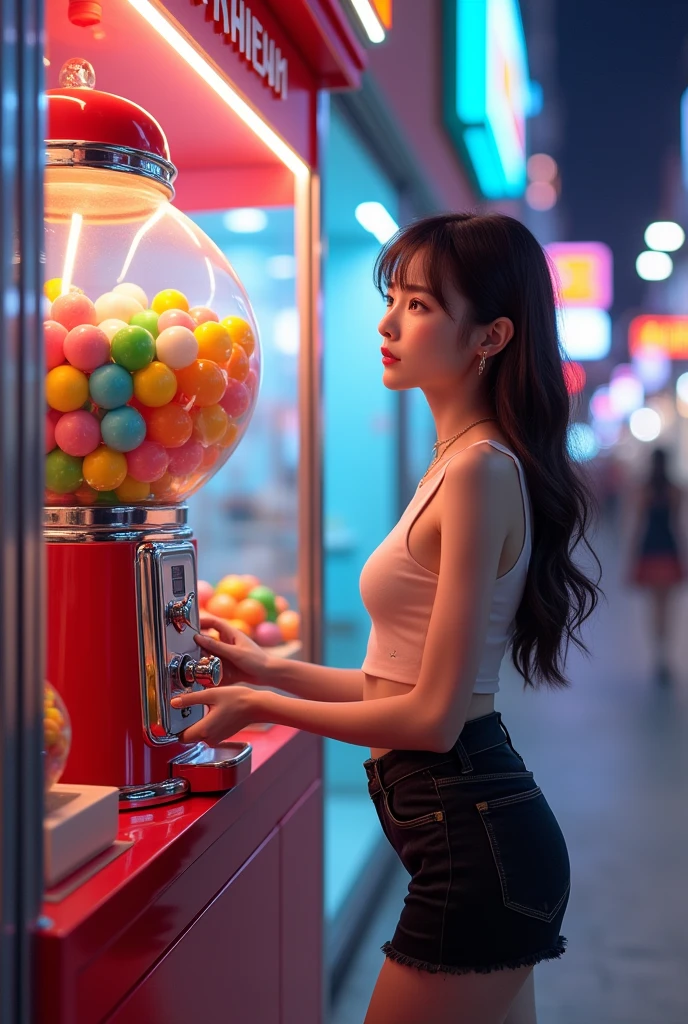 Gumball machine and a female kpop idol looking at it