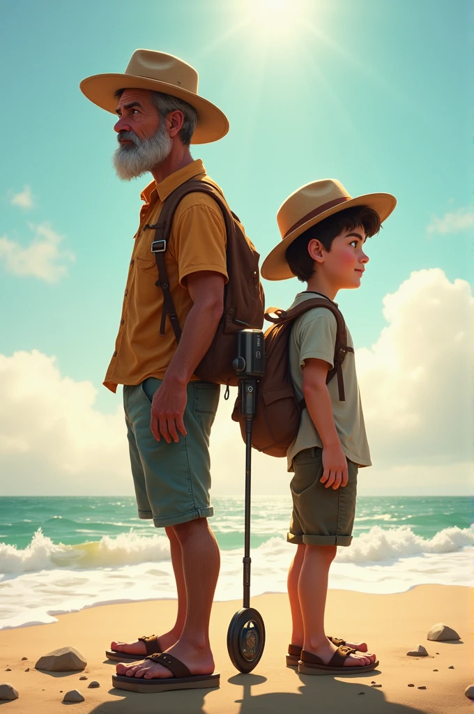 man and 10-year-old boy back to back on the beach, with a metal detector at their side.
