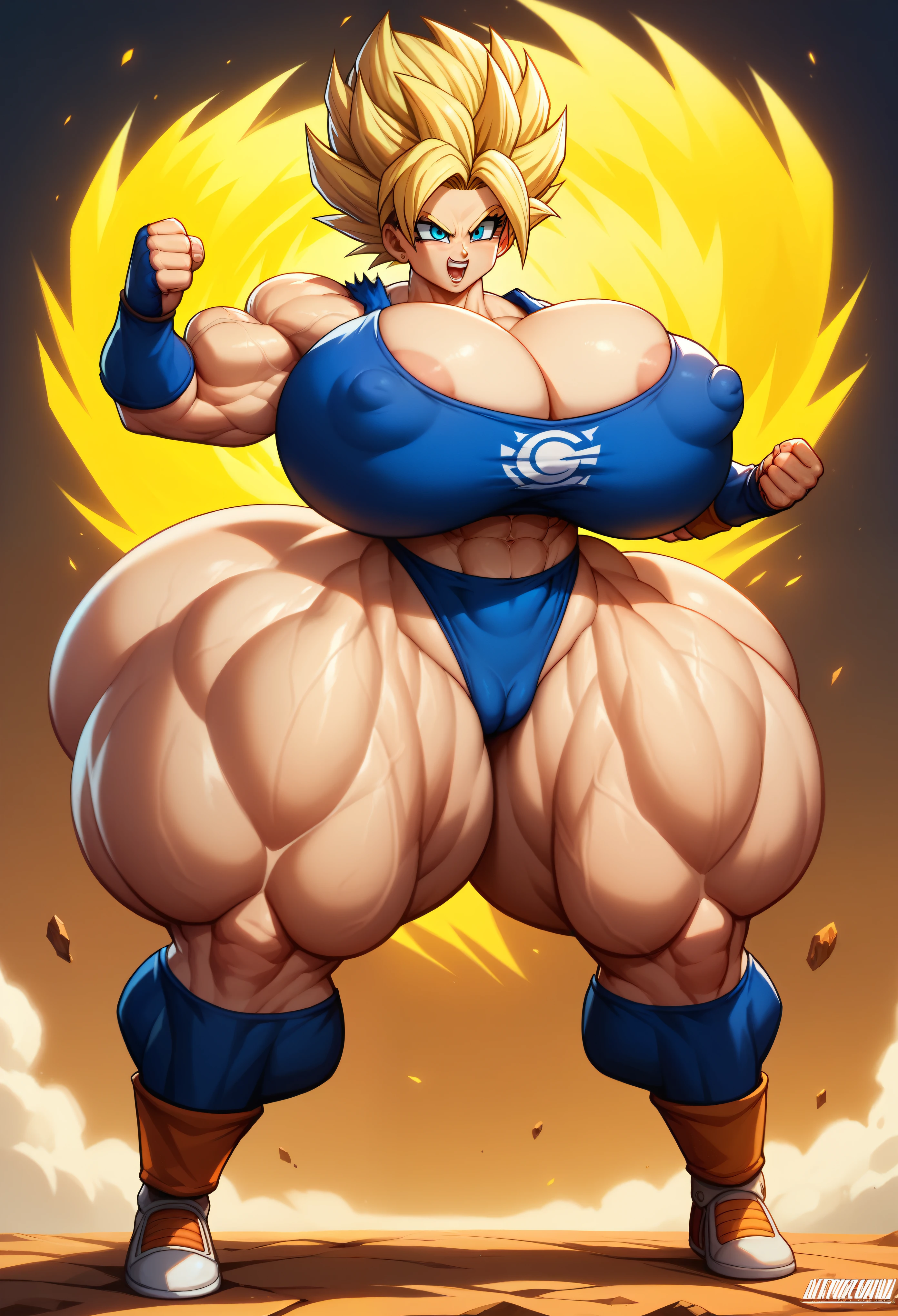 1 girl,  Super Saiyan Warrior,  Dragon Ball Z style, spikey yellow hair, saiyan armor,  
 yellow aura, Hyper muscles, massive bicpes, hyper ass, hyper thick thighs, huge wide hyper breasts and massive ass, powerful thick thighs, huge amazon body, camel toe,   powerful massive thighs, puffy fat nipples,  perfect face, goregous,s,  fighting pose, kunfu action shot, expressive eyes, fury expression, Kamehameha 