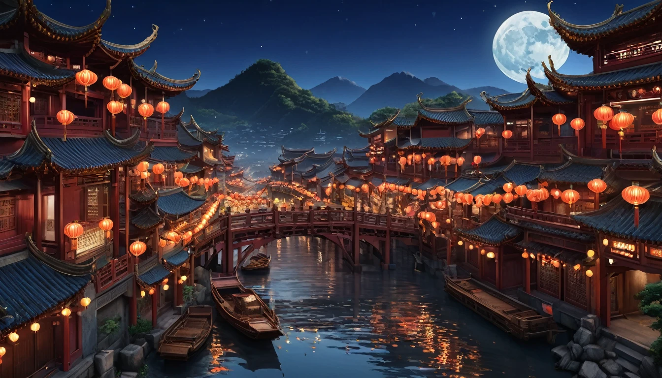 masterpiece, top-quality, depth of fields, high details, 8K, anime a night scene of china town, lots of shop outlets, chinese lanterns, detailed background, high angle view, beside a river, wooden boats, a large bridge on the front, moon, mountains background