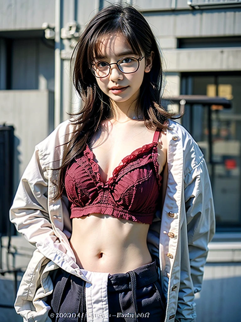 Photo of a beautiful woman standing on a street corner, (masterpiece:1.2, highest quality), (Realistic, photoRealistic:1.4), Beautiful illustrations, (Natural Side Lighting, Cinema Lighting), Written boundary depth, Beautiful thighs staring at the viewer, (((Face Focus, Upper Body))), 1 female, 30-year-old, alone, thin, slender, small breasts!!!, Short Hair, Straight Hair, Forehead, Forehead, Forehead, Forehead, thin, slender, (((glasses))), lingerie, (red bra), (((She wears sexy bra))), Skinny black pants, Are standing, New York 25th Street
