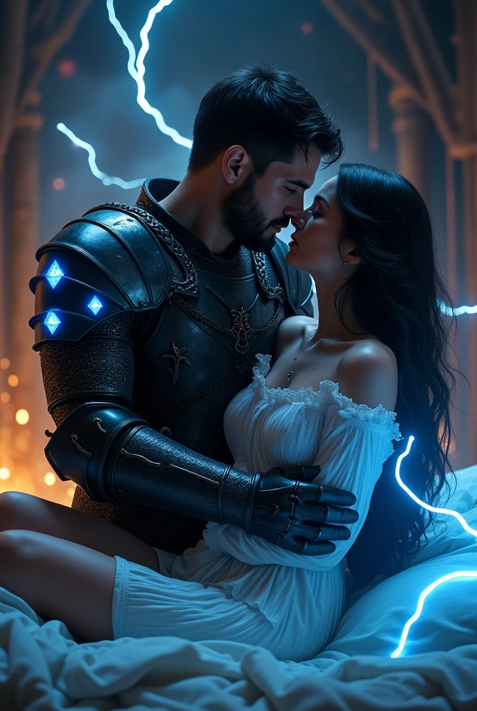 A blue-eyed medieval hero, lightning elemental, with black metal armor with blue diamond details, in a dark and burning place, beardless and short hair. The diamond details are not on the chest, are in lines on the sides of the armor and he is making love to a hot woman they are in bed without the armor 