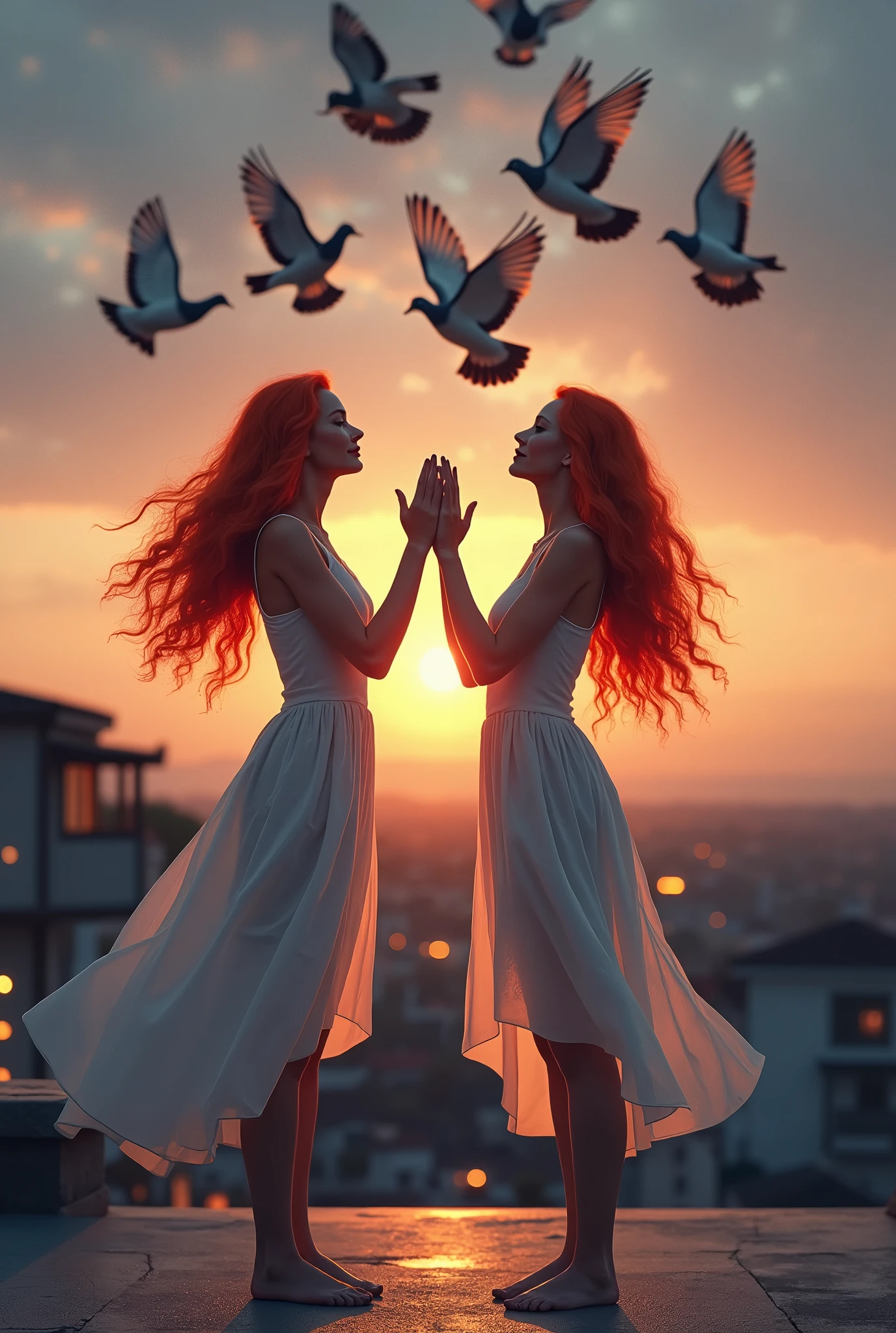 deux belles femmes, les cheveux comme le feu, portant de robes d'été , les pieds nus, debout sur le toit, une lumière tamisée, après le coucher du soleil, des maisons lointaines, des fenêtres éclairées, libérant de la cage un troupeau de pigeons dans le ciel, levant les mains au ciel, là Amour et Liberté, un émouvant spectacle de liberté