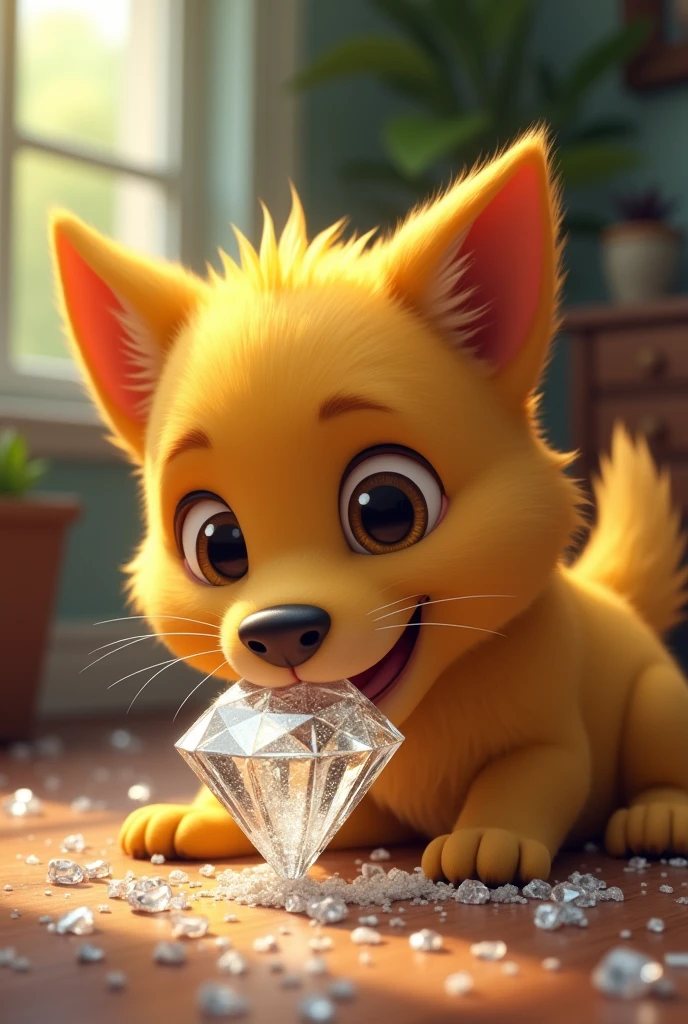 A yellow dog eating a diamond 