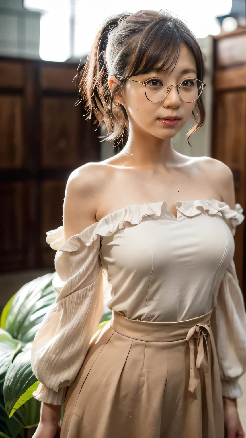 (Facing the viewer Japanese woman:1.4、Women with stern expressions on their faces are arguing、Finger up、Look here)、(Realistic、Like a photograph、Live Action、8k, Realistic, RAW Photos, Best image quality: 1.4), Single-lens reflex camera、RAW Photos, Highest quality, Realistic, Very detailed CG Unity 8k wallpaper, Written boundary depth, Cinematic Light, Lens flare, Ray Tracing, Realistic background、(Wear glasses:1.4、Blouses with ruffles、Tight long skirt:1.3、Mermaid Skirt、Small breasts)、((ultra high density skin))、 Cute Japanese Woman、((whole body:1.5),short hair:1.2、Short Ponytail、tie your hair with a hair clip、I like that style、stylish、Very detailed、Pay attention to the details、Perfect outfit、(Sunburned skin)、View from the front