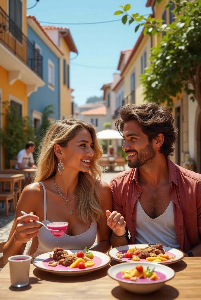 Realistic Man and Girlfriend 25-35 years old, in Portugal blonde hair brown eyes eating acai , with friends Ultra HD, high qualiy, best qualityer, high resolution, 8k, 16K