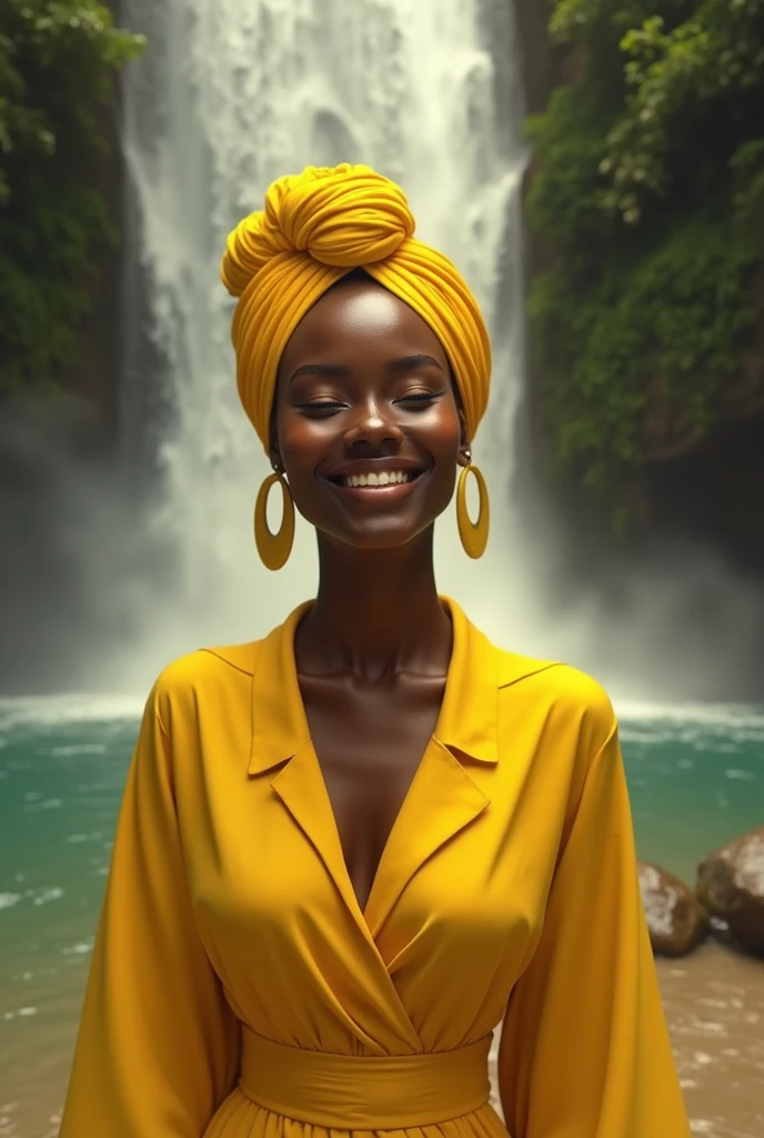 black human woman dressed in yellow with a yellow turban tied to her hair inside a beautiful waterfall smiling with yellow glow around