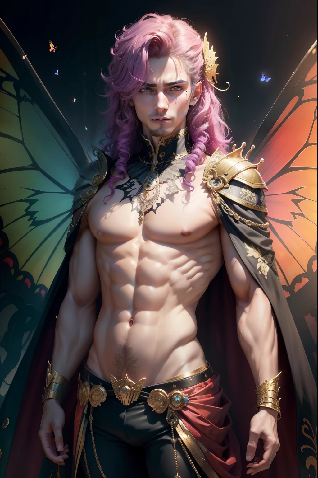 (8k,photorrealistic RAW photograph Maximum quality;1.4) (ung boy) Super handsome king of the underworld (lifelike face) (far away, rainbow curly hair) slenderbody velues, eyeballs, muscular guy grandes eyeballs cor-de-rosa Aristocratic rainbow butty outfit Butterflcoration Fangs peeking out of the mouth Pointed claws a seductive gaze Beautiful expression A hyper-realistic (King of the Underworld) appealing (real looking skin) super high resolution high détail Luxurious rainbow pants Butterfly aumanating from the body effect butterfly wings