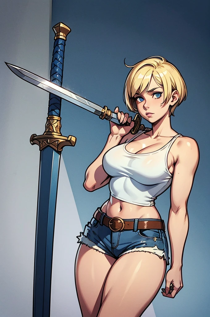 Blonde girl with short hair, blue eyes, angle from bottom to top, girl wearing short denim shorts, wearing a blue cropped top with white details, thick thighs Wearing belts across the shoulders and collarbones, with a sword on the back