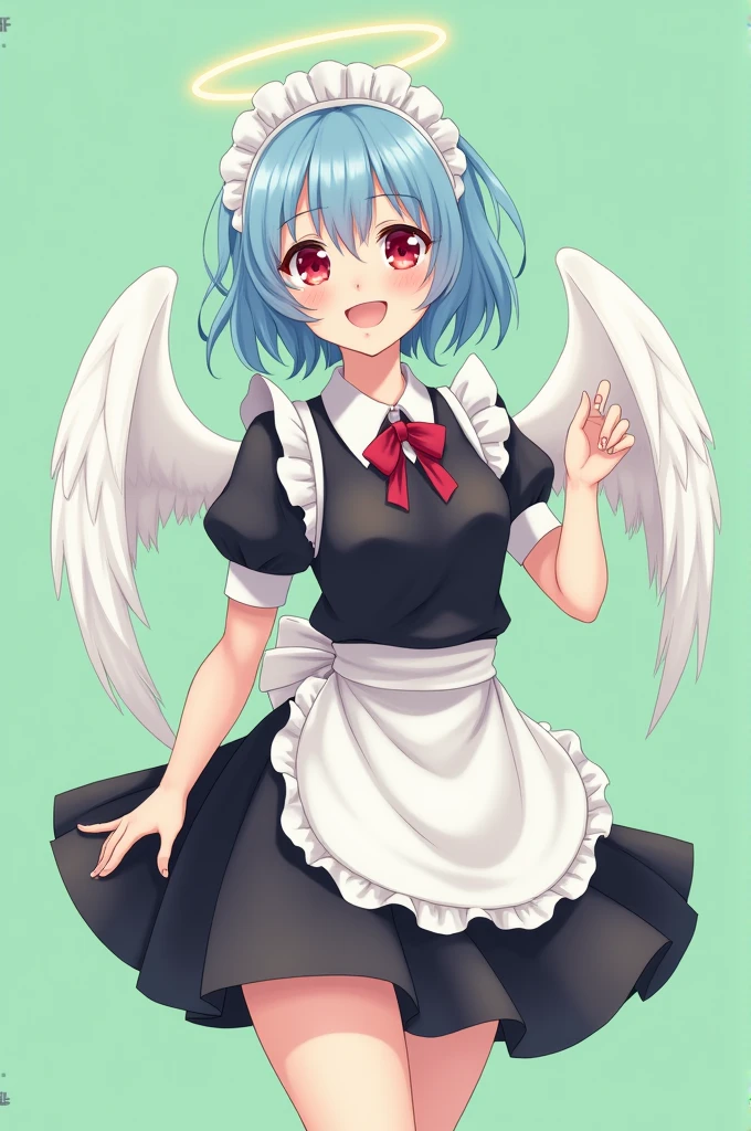 Maid cafe maid with short blue hair, Red eyes, a sensual and happy expression, age range between 18 and 26 years, with angel wings, black uniform, anime style completely in 2D, with pastel colors, with a completely flat and green background