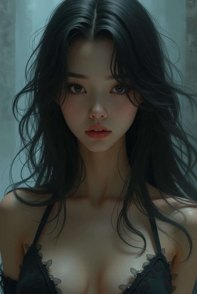 Create an Asian, 180cm tall, slightly muscular but thin body, long hair,blackw, wavy and neck-length, small, slanted eyes, slightly large nose with high bridge and thick eyebrows.