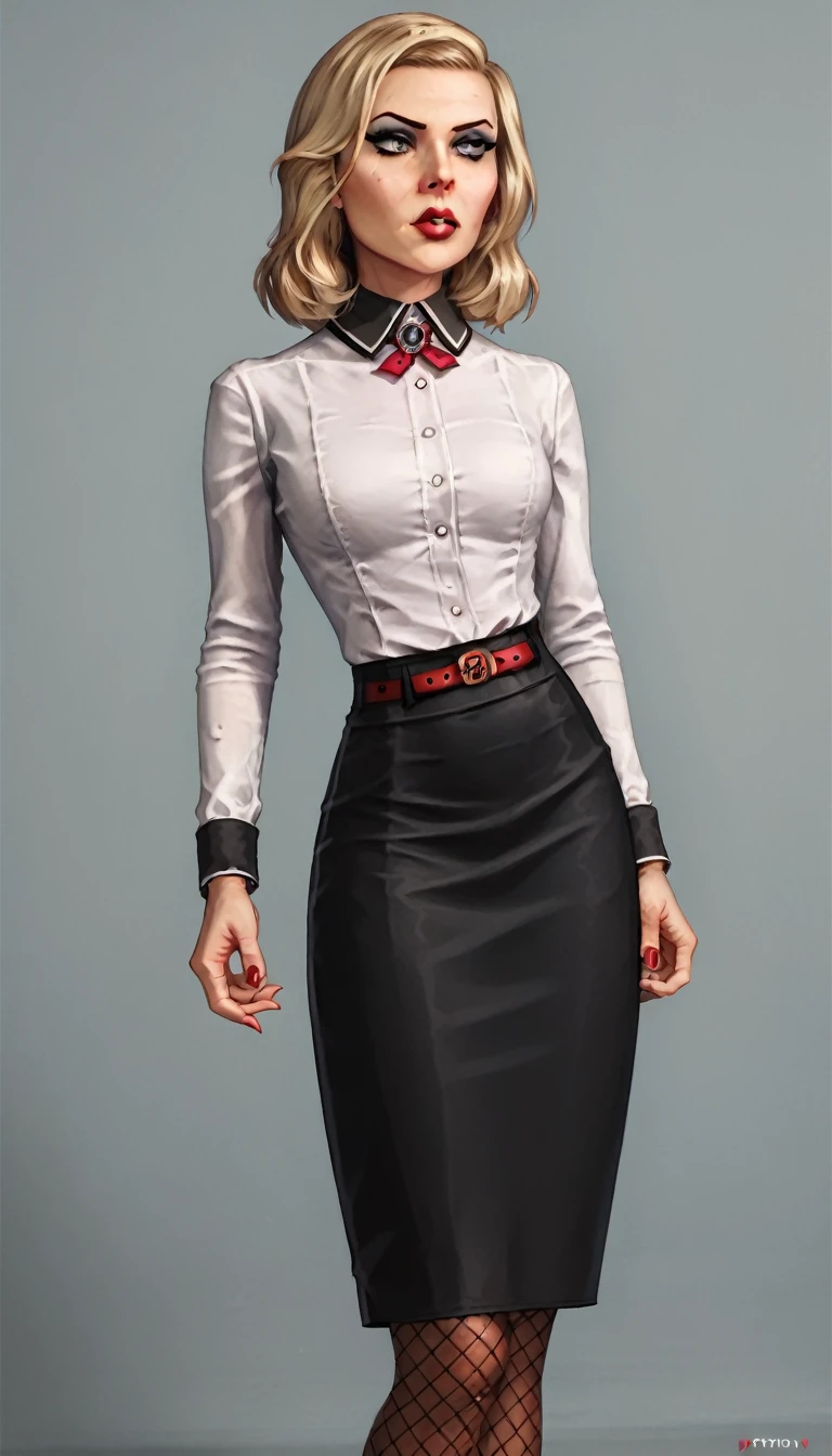 3l1z4b3th_bas, headless, white shirt, black pencil skirt, red lipstick, makeup, pantyhose, belt, fishnet pattern pantyhose