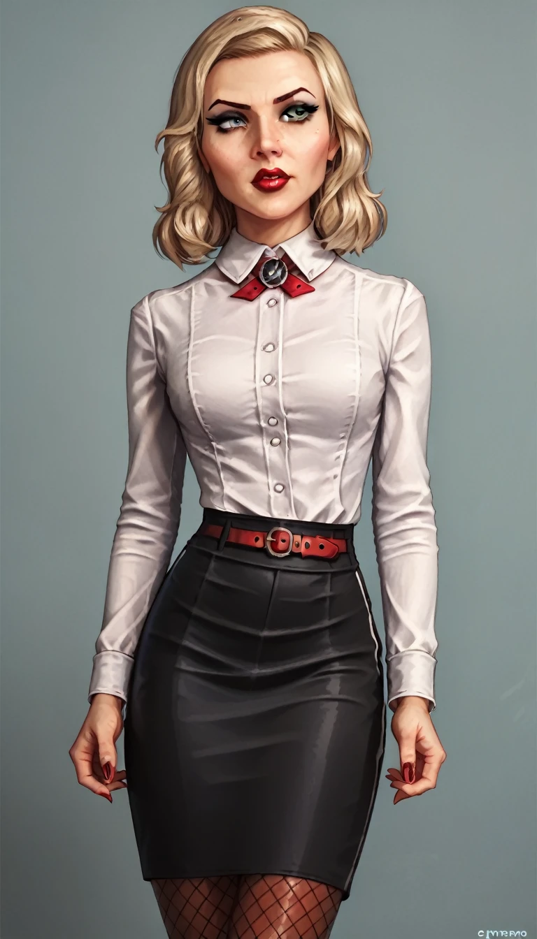 3l1z4b3th_bas, headless, white shirt, black pencil skirt, red lipstick, makeup, pantyhose, belt, fishnet pattern pantyhose