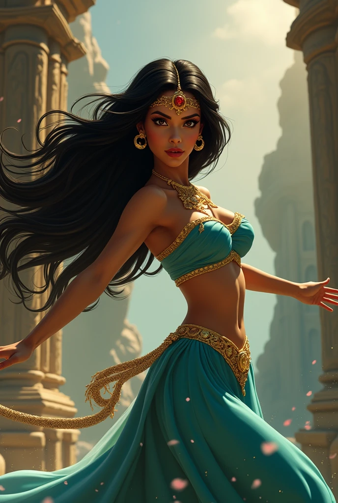 Stunning Princess Jasmine, photo in 8k, in action, cinematic.