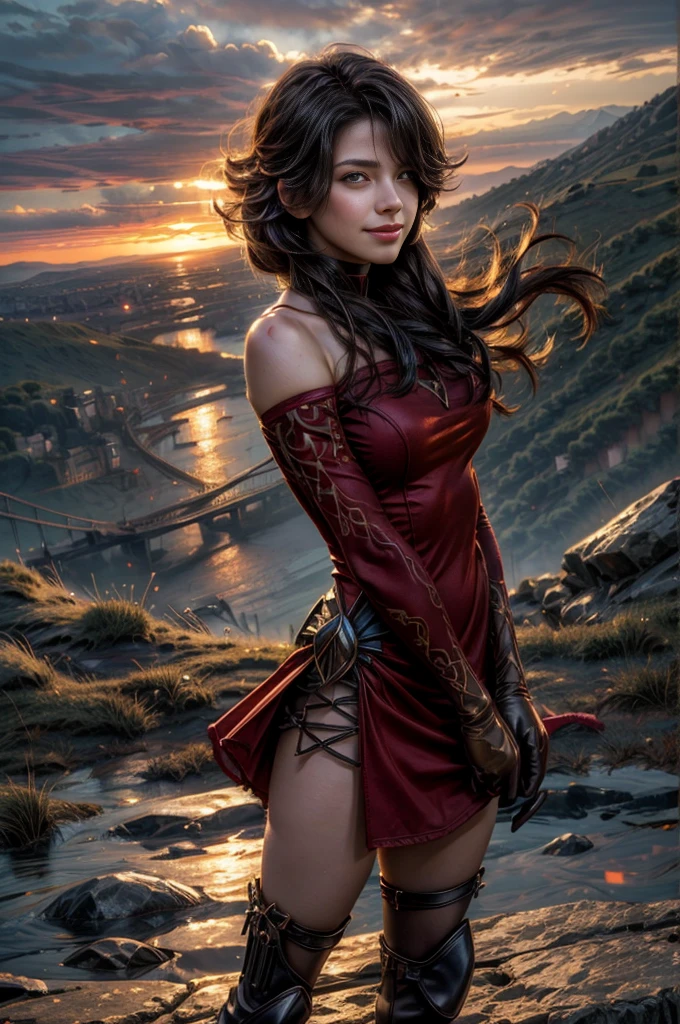 (masterpiece, best quality:1.2), cowboy shot, solo, 1girl, cinder fall, smiling, looking at viewer, long hair,  red dress, elbow gloves, pantyhose, standing on hillside, overlooking burning city, (volumetric lighting), sharp focus, hyper detailed 