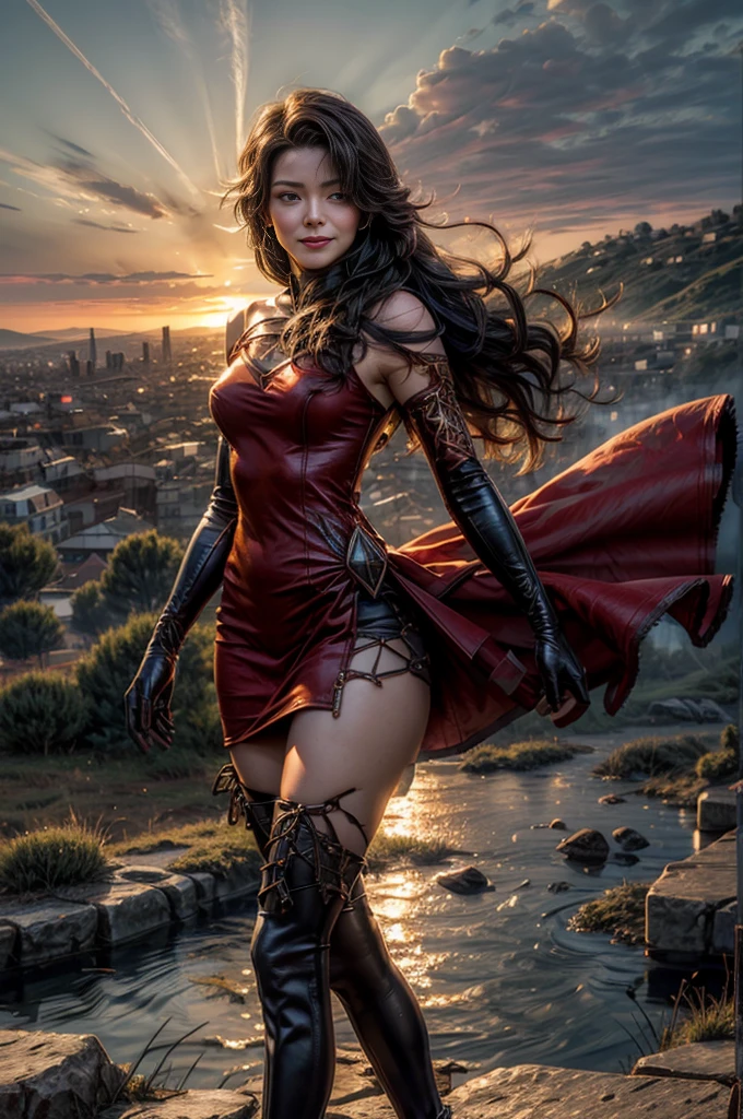(masterpiece, best quality:1.2), cowboy shot, solo, 1girl, cinder fall, smiling, looking at viewer, long hair, red dress, elbow gloves, pantyhose, standing on hillside, overlooking burning city, (volumetric lighting), sharp focus, hyper detailed