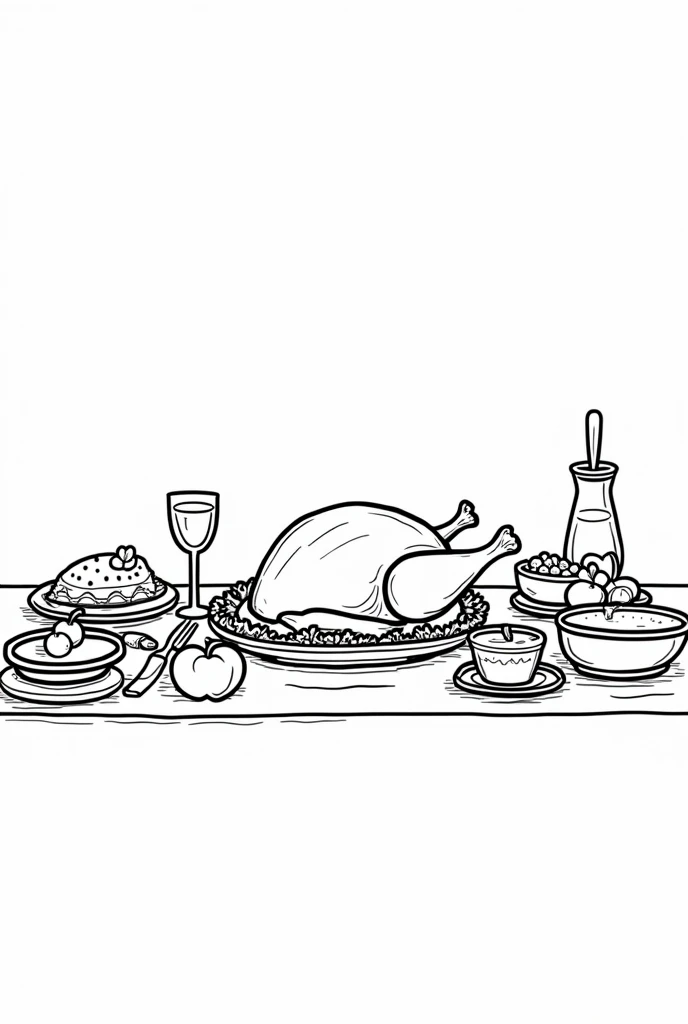 non-coloured, coloring pages for adults, an image of a   Thanksgiving dinner table with a roasted turkey, pie, apples, plates and cutleries, drink glass, cartoon style, thick lines, low detail, black and white, no shading,