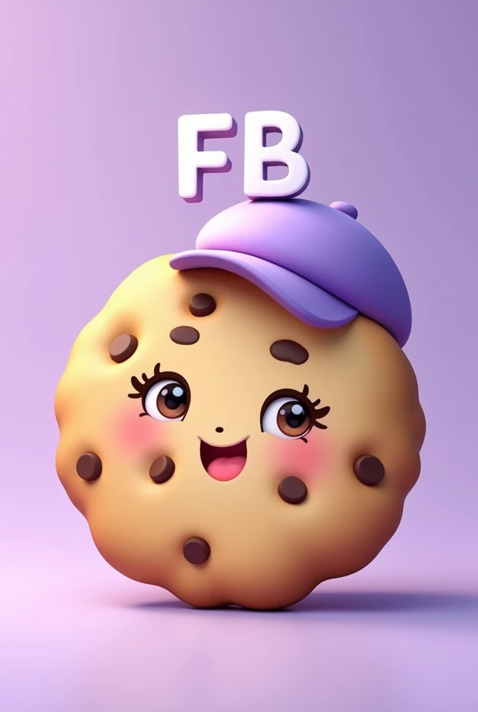 Non-realistic drawing type cookie that is happy, that has chocolate chips, that had a light purple cap and that said FB in capital letters and that the background was light purple